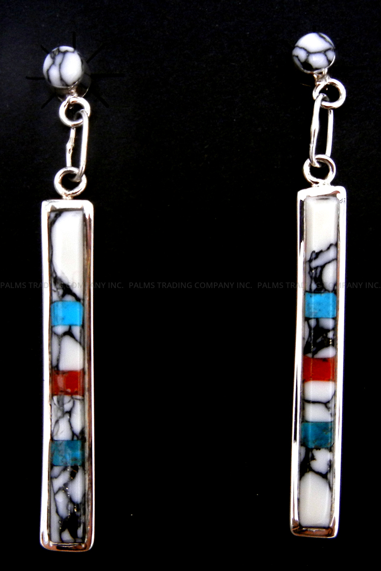 Zuni multi-stone inlay and sterling silver post dangle earrings by Constance Epaloose