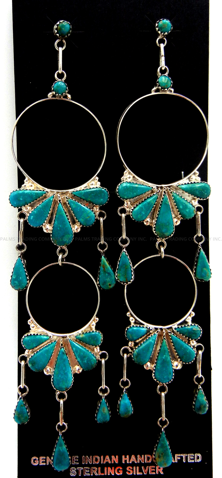 Zuni cascading green turquoise and sterling silver dangle earrings by Vivianita Othole
