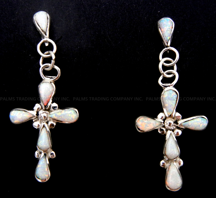 Zuni white lab opal and sterling silver cross post dangle earrings by Bryce Vacit