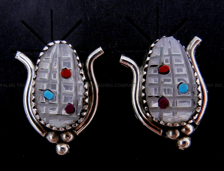 Zuni multi-stone inlay and sterling silver corn cob earrings by Tracy Bowekaty