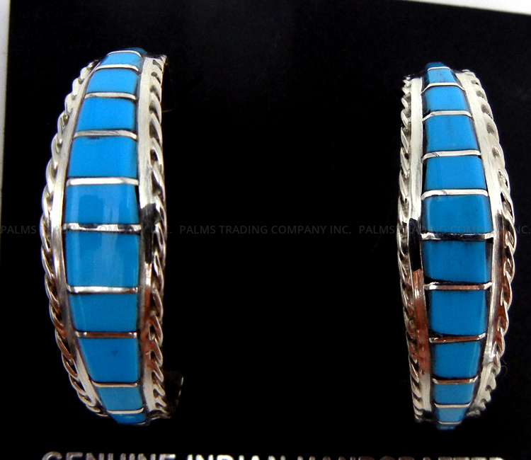 Zuni turquoise and sterling silver channel inlay hoop earrings by Malcolm Chavez