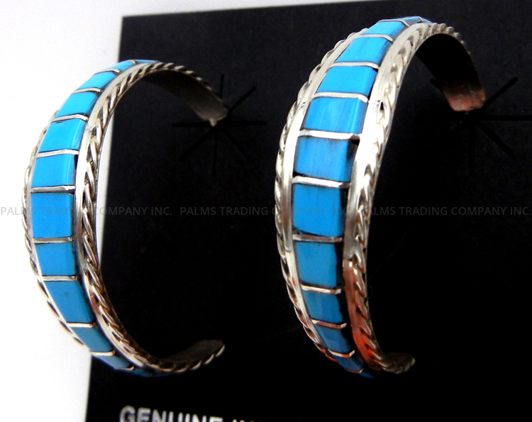 Zuni Malcolm Chavez Turquoise and Sterling Silver Channel Inlay Hoop Earrings - Image 3
