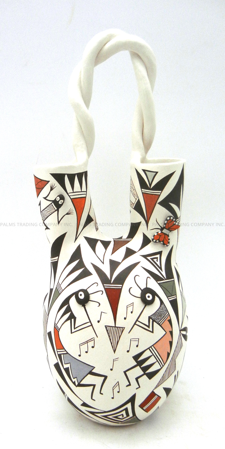 Acoma handmade and hand painted multi-pattern wedding vase with twisted handle by Judy Lewis