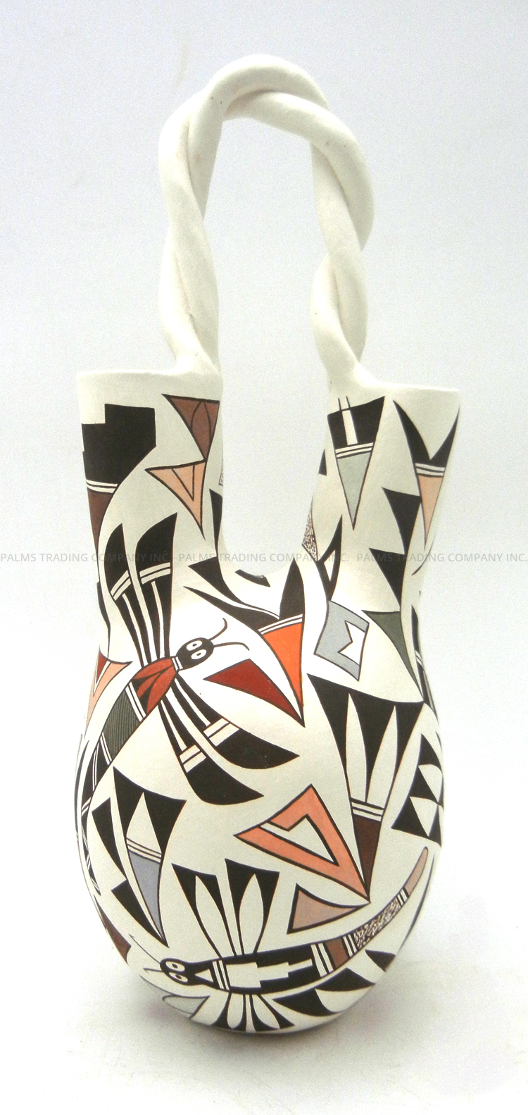 Acoma Judy Lewis Handmade and Hand Painted Polychrome Multi-Pattern Wedding Vase with Twisted Handle - Image 4