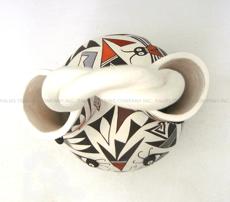 Acoma Judy Lewis Handmade and Hand Painted Polychrome Multi-Pattern Wedding Vase with Twisted Handle - Image 6
