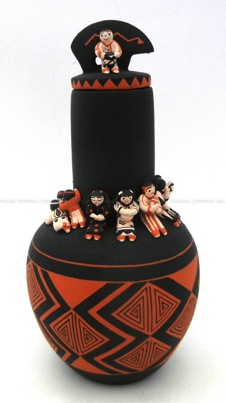 Cochiti/San Felipe handmade and hand painted lidded vase with bear and thirteen children by Dena Suina