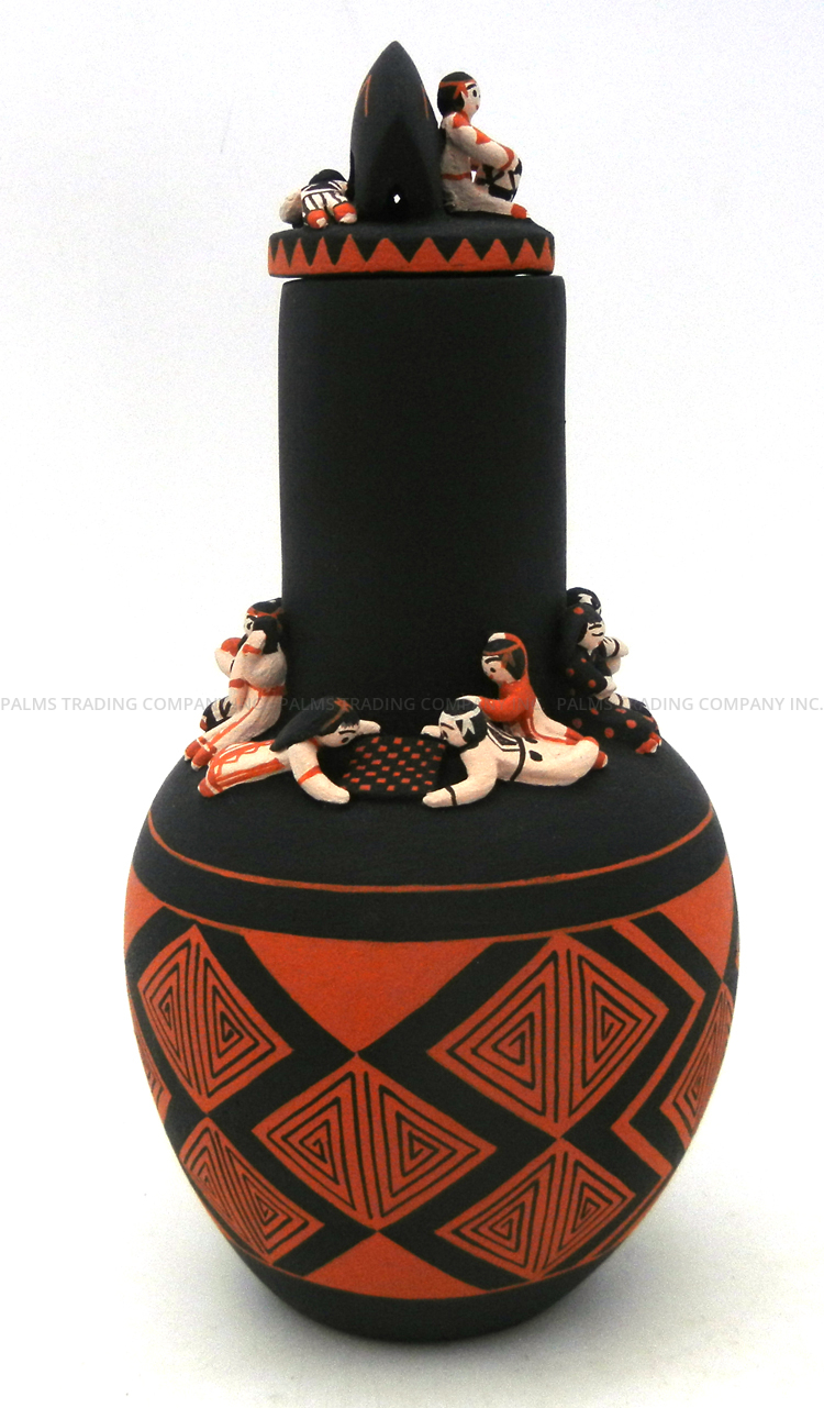 Cochiti/San Felipe Dena Suina Handmade Lidded Vase with Bear and Thirteen Children - Image 3