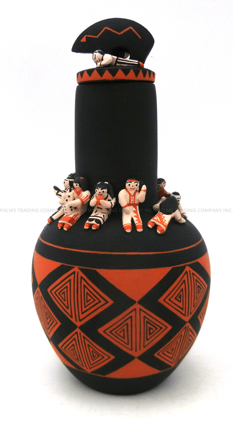 Cochiti/San Felipe Dena Suina Handmade Lidded Vase with Bear and Thirteen Children - Image 4