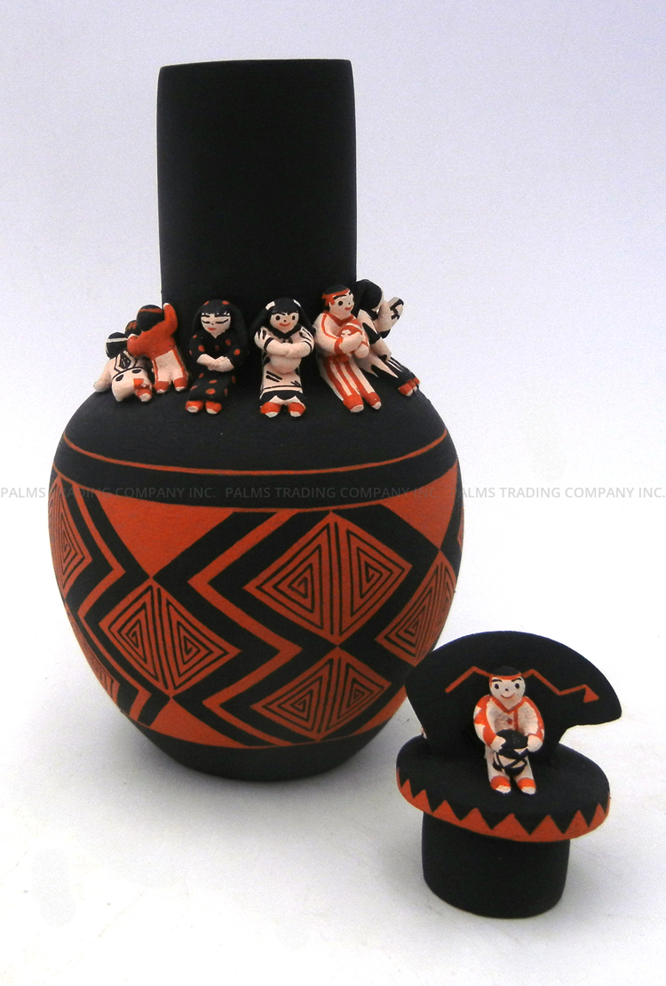 Cochiti/San Felipe Dena Suina Handmade Lidded Vase with Bear and Thirteen Children - Image 6