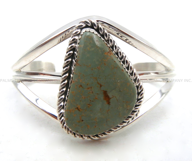 Navajo matte green turquoise and sterling silver cuff bracelet by Elroy Chavez