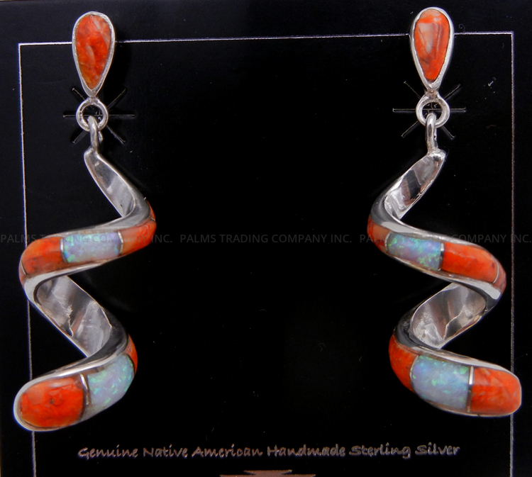 Navajo orange spiny oyster shell, lab opal and sterling silver channel inlay spiral post dangle earrings