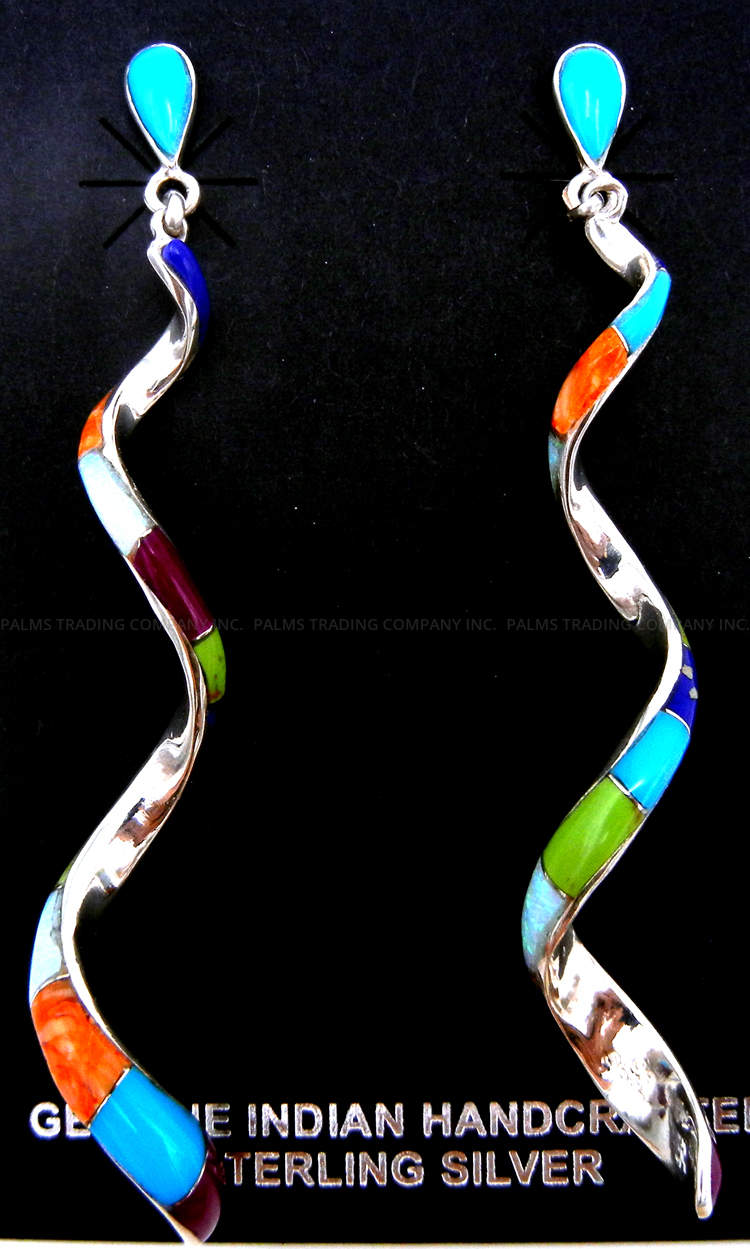 Navajo multi-stone and sterling silver channel inlay spiral post dangle earrings by Maggie Bedah