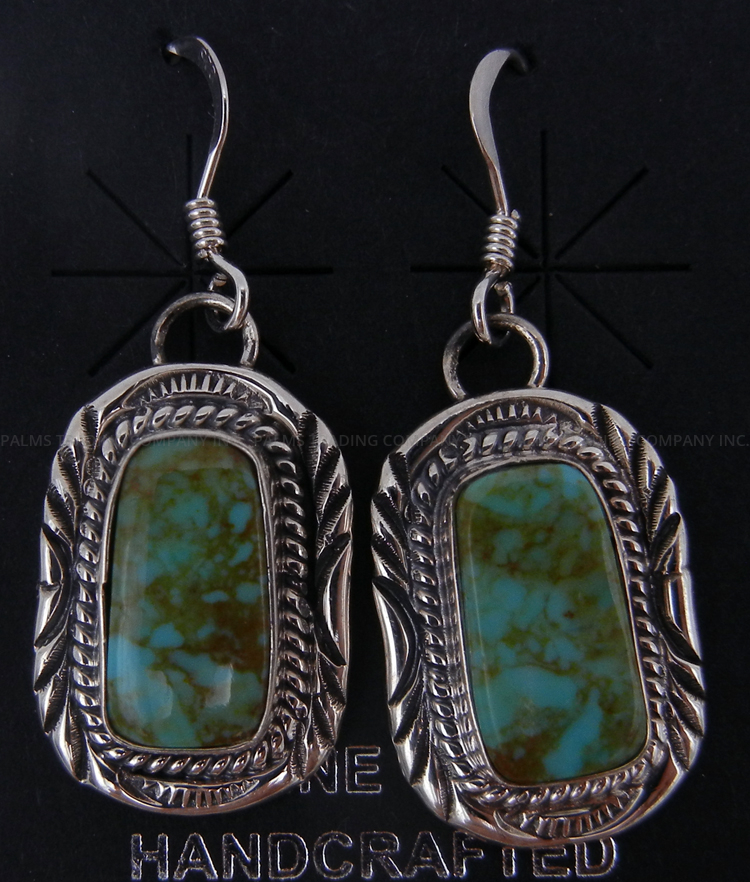 Navajo small green turquoise and sterling silver dangle earrings by Will Denetdale