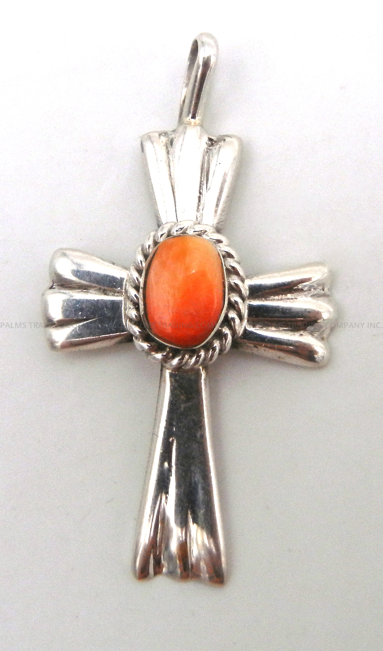 Navajo sterling silver and orange spiny oyster shell cross pendant