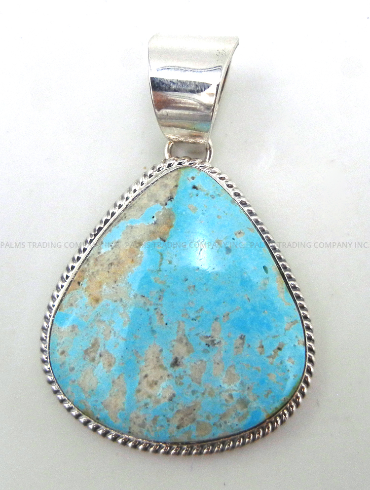 Navajo light blue wide tear drop shaped turquoise and sterling silver pendant