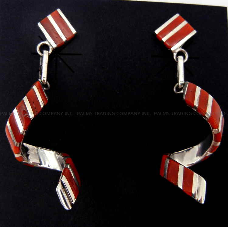 Zuni coral and sterling silver channel inlay spiral post dangle earrings by Shawn Sheyka