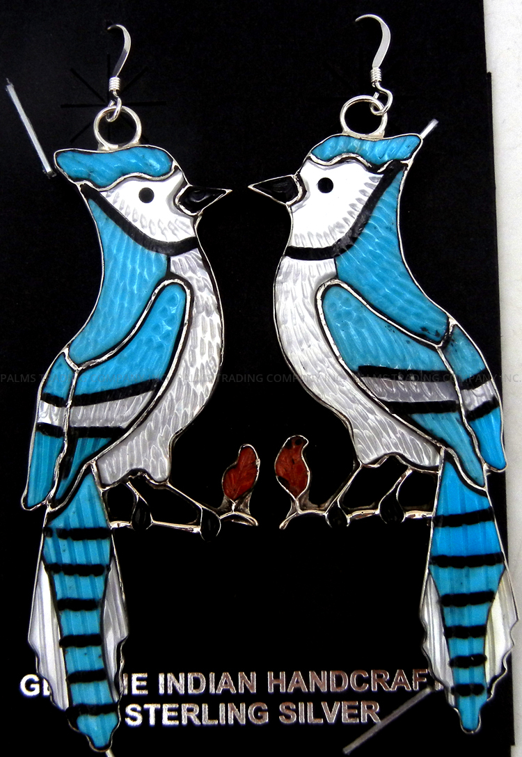 Zuni multi-stone and sterling silver inlay blue jay dangle earrings by Andrea Lonjose