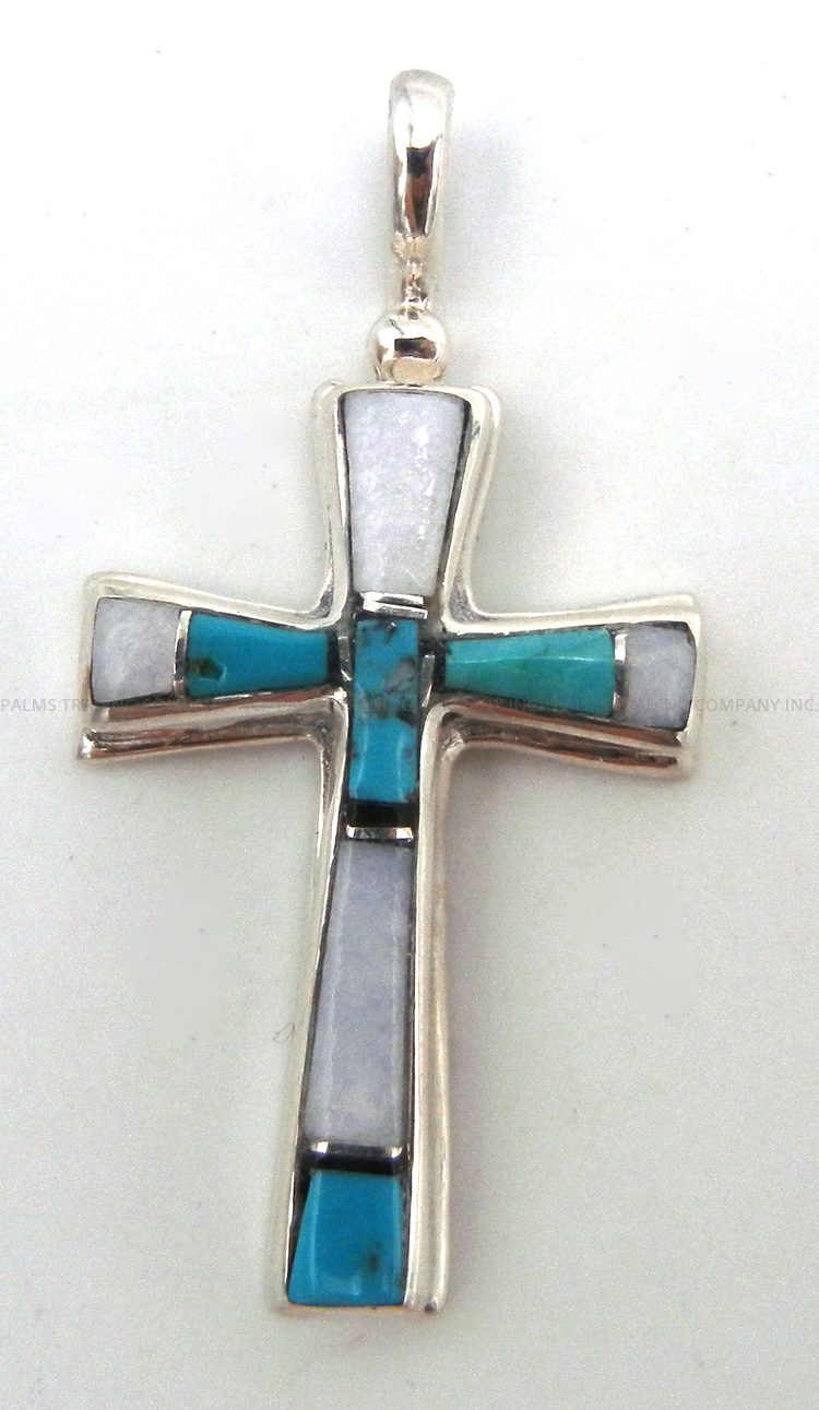 Zuni white marble, turquoise, jet and sterling silver inlay cross pendant