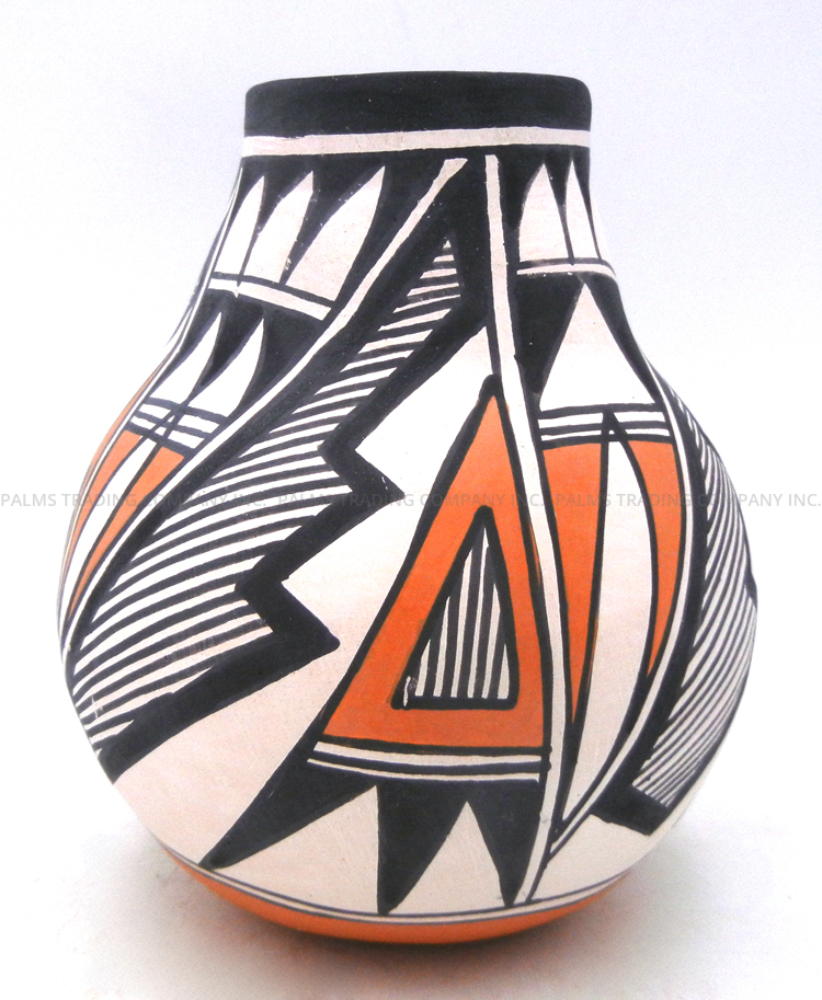 Acoma handmade and hand painted polychrome feather and weather pattern vase by Beverly Garcia