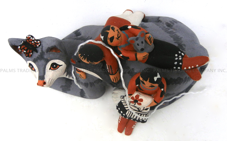 Jemez Carol Lucero Gachupin Handmade and Hand Painted Cat Figurine with Three Children - Image 6