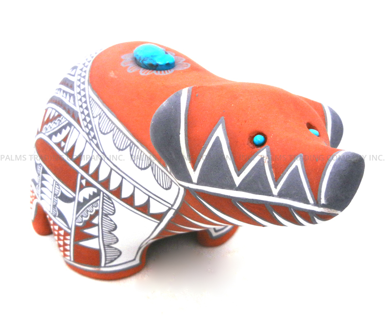 Jemez handmade and hand painted polychrome bear figurine with turquoise accents by Scott Small