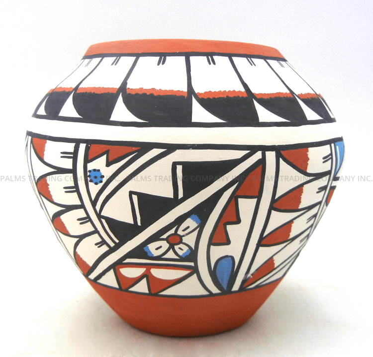 Jemez handmade and hand painted polychrome feather pattern jar by Phyllis Waquie