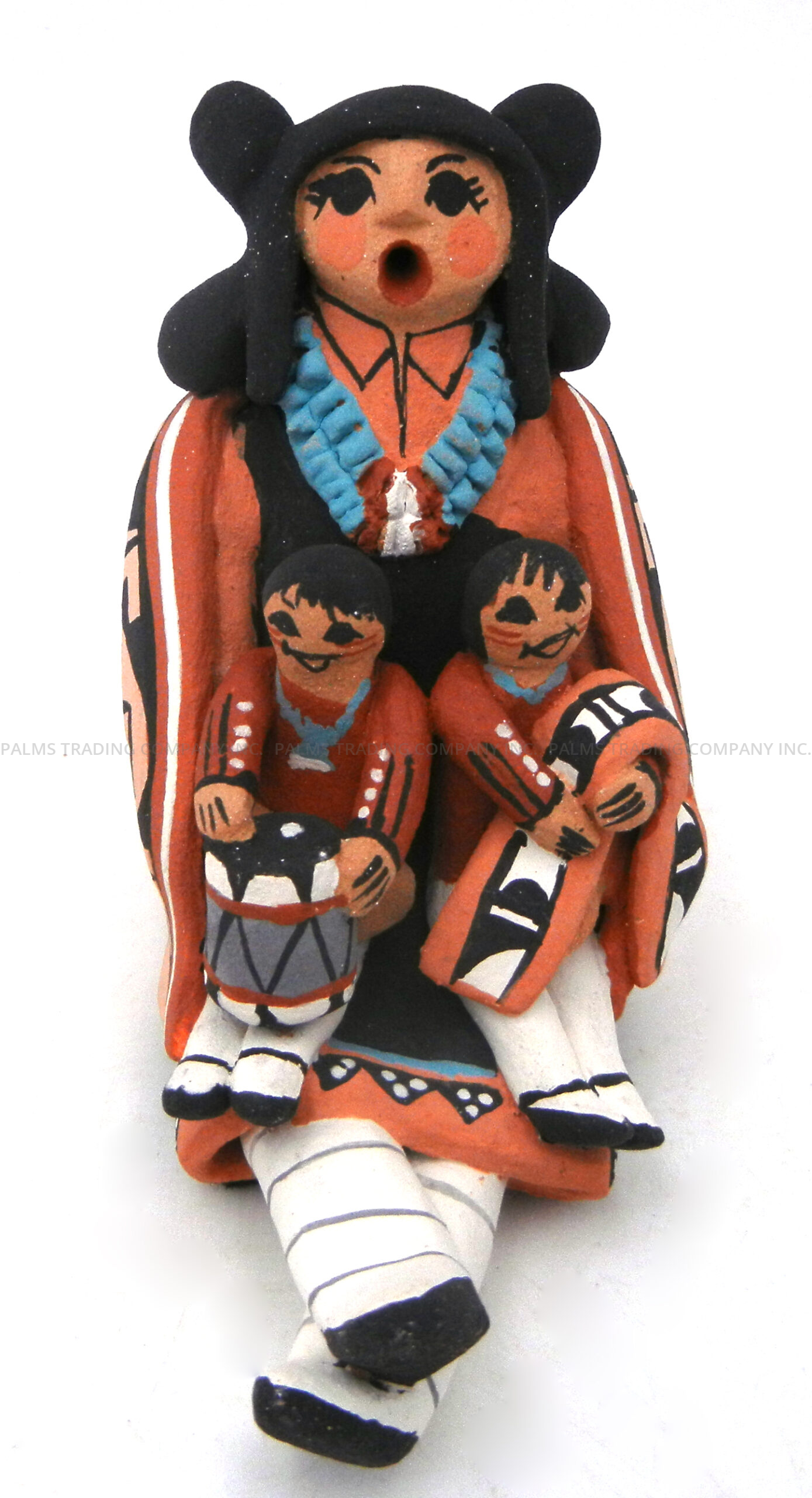 Jemez small seated female storyteller figurine with two children by Carol Lucero Gachupin