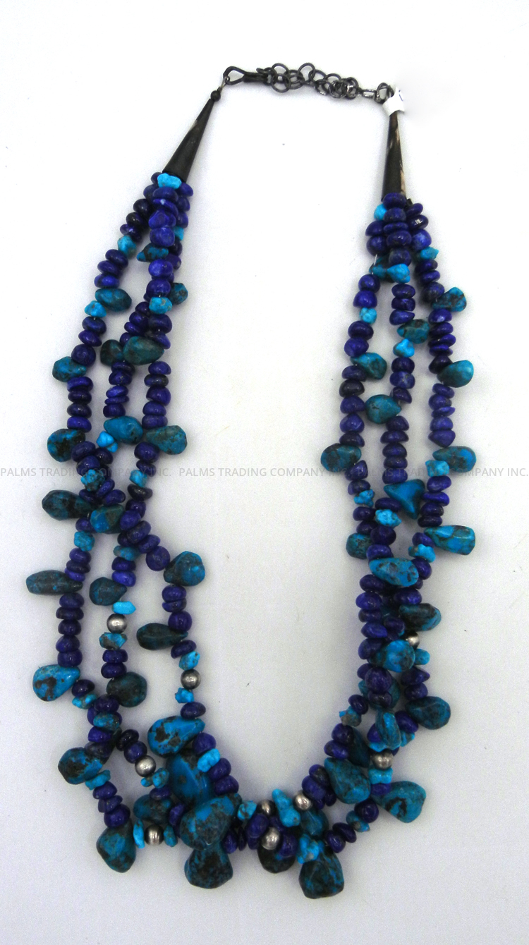 Kewa triple strand turquoise, lapis and sterling silver heishi necklace by Daniel Coriz