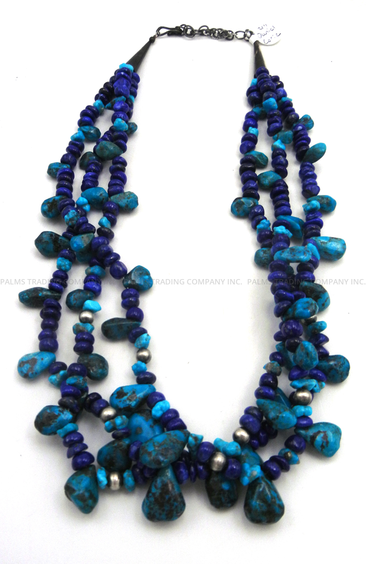Kewa Daniel Coriz Triple Strand Turquoise, Lapis and Sterling Silver Heishi Necklace - Image 2