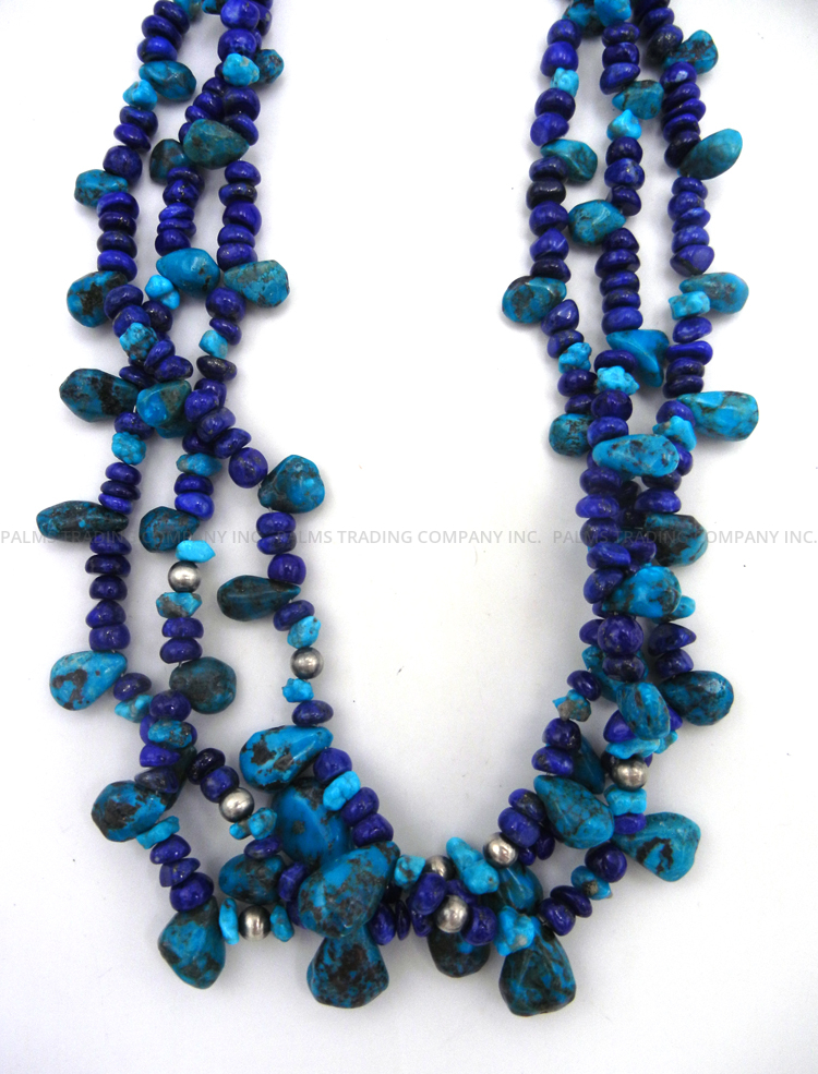 Kewa Daniel Coriz Triple Strand Turquoise, Lapis and Sterling Silver Heishi Necklace - Image 3