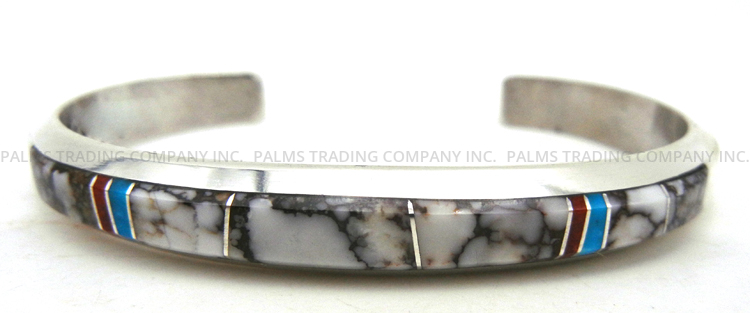 Navajo wild horse, turquoise, coral and sterling silver inlay cuff bracelet by Wayne Muskett