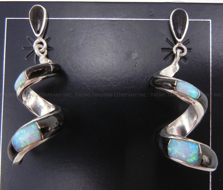 Navajo jet, white lab opal and sterling silver inlay spiral post dangle earrings by Bryan Sandoval