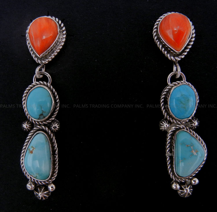 Navajo three stone turquoise and orange spiny oyster shell post dangle earrings with sterling silver by Art Platero