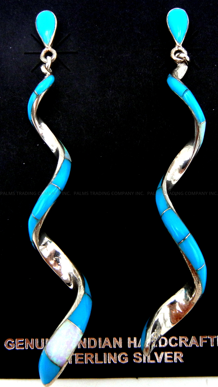 Navajo turquoise, white lab opal and sterling silver channel inlay spiral post dangle earrings by Bryan Sandoval