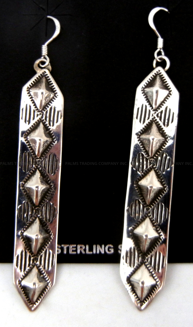 Navajo sterling silver diamond repousse dangle earrings by Dakota Willie