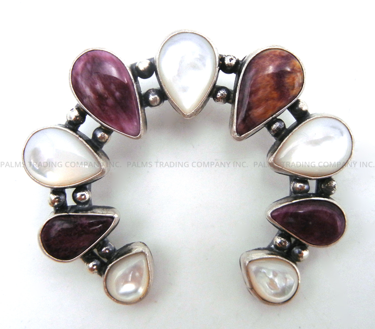 Navajo white mother of pearl, purple spiny oyster shell and sterling silver naja pendant by Tina Benally